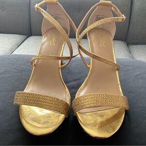 Thalia Sodi Gold Rhinestone Strappy Heels – Evening Party Sandals Size 11W